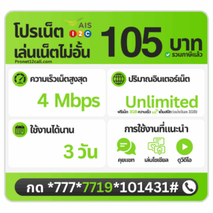 โปรเน็ต AIS 3 วัน 105 บาท ไม่ลดสปีด 4 Mbps สมัครเน็ต AIS 105 บาท 3 วัน