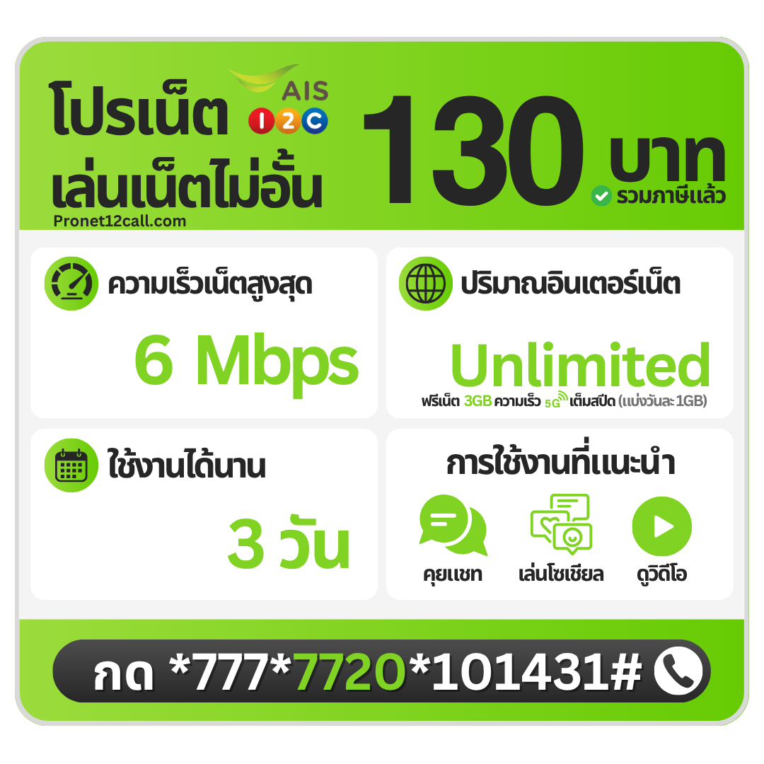 โปรเน็ต AIS 3 วัน 130 บาท ไม่ลดสปีด 6 Mbps สมัครเน็ต AIS 130 บาท 3 วัน