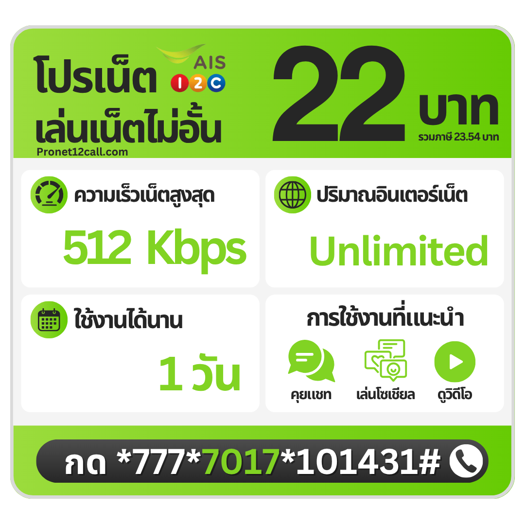 โปรเน็ต AIS รายวัน 22 บาท ไม่ลดสปีด 512 Kbps สมัครเน็ต AIS 22 บาท 1 วัน