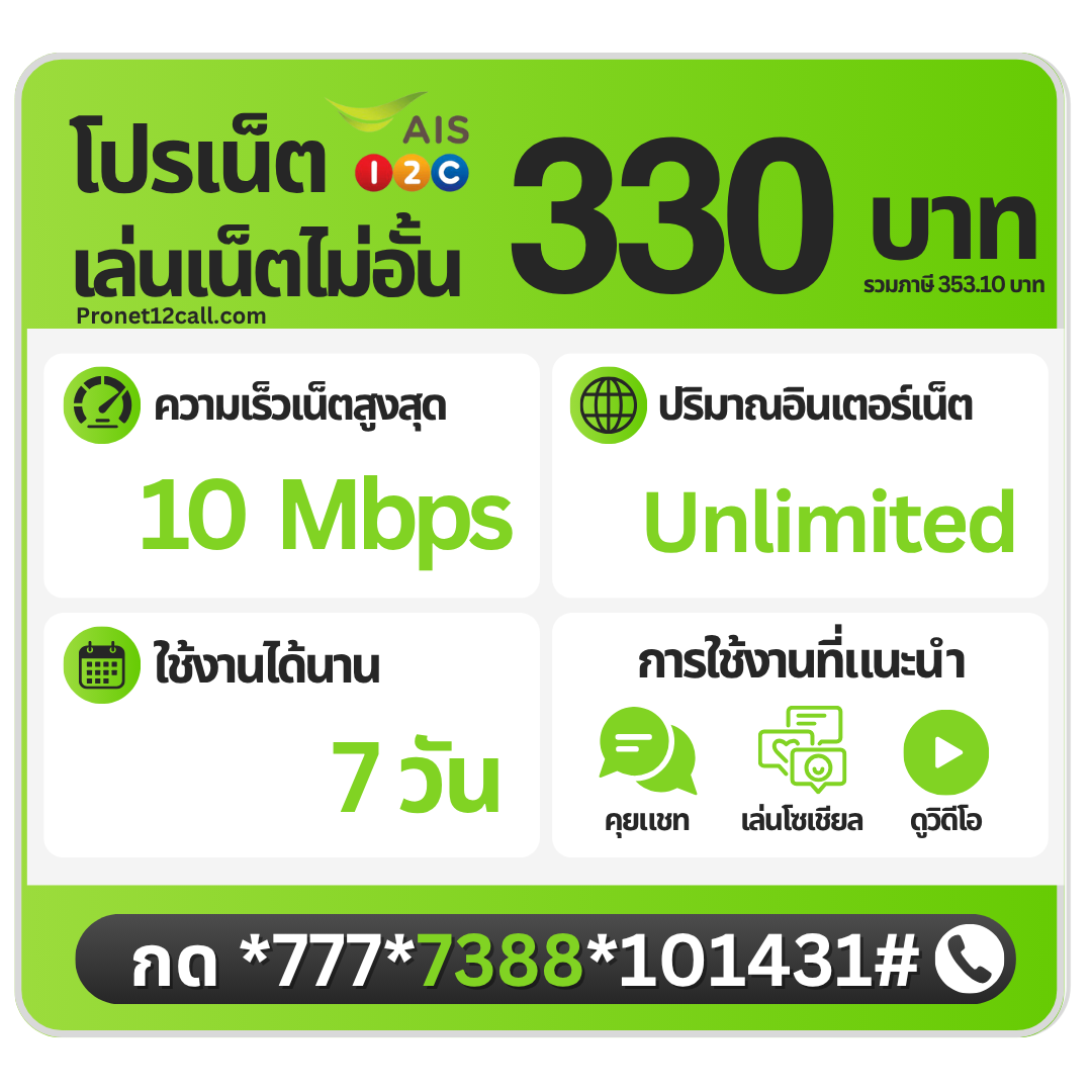 โปรเน็ต AIS รายสัปดาห์ 330 บาท ไม่ลดสปีด 10 Mbps สมัครเน็ต AIS 330 บาท 7 วัน