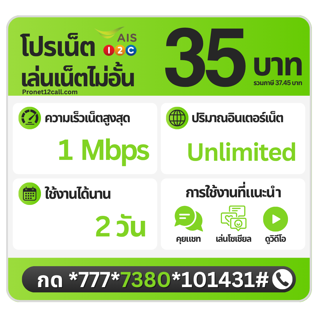 โปรเน็ต AIS 2 วัน 35 บาท ไม่ลดสปีด 1 Mbps สมัครเน็ต AIS 35 บาท 2 วัน