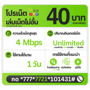 โปรเน็ต AIS รายวัน 40 บาท ไม่ลดสปีด 4 Mbps สมัครเน็ต AIS 40 บาท 1 วัน