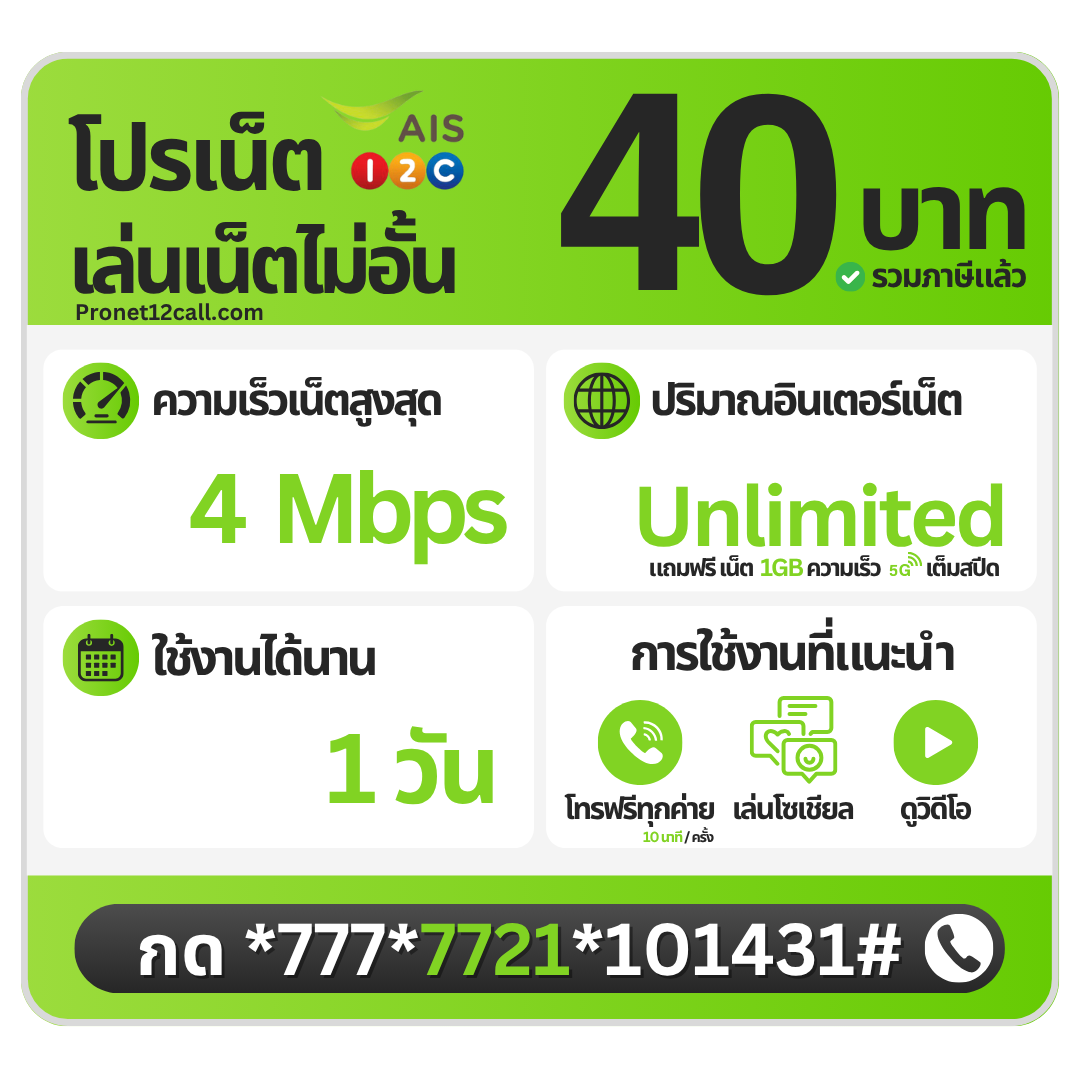 โปรเน็ต AIS รายวัน 40 บาท ไม่ลดสปีด 4 Mbps สมัครเน็ต AIS 40 บาท 1 วัน