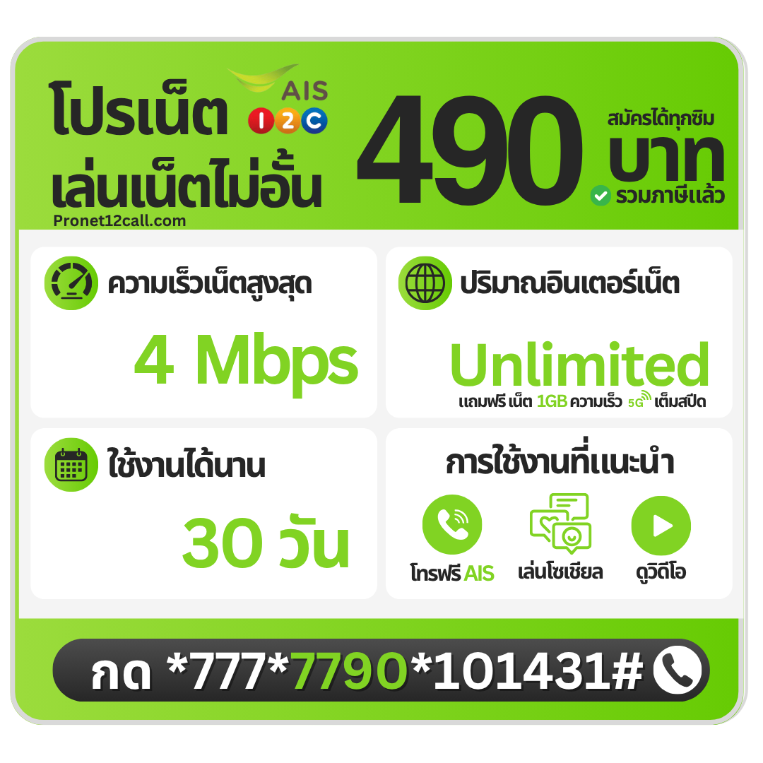 โปรเน็ต AIS รายเดือน 490 บาท ไม่ลดสปีด 4 Mbps สมัครเน็ต AIS 490 บาท 30 วัน