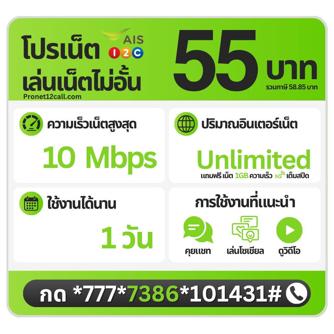 โปรเน็ต AIS รายวัน 55 บาท ไม่ลดสปีด 10 Mbps สมัครเน็ต AIS 55 บาท 1 วัน