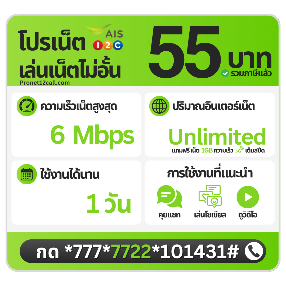 โปรเน็ต AIS รายวัน 55 บาท ไม่ลดสปีด 6 Mbps สมัครเน็ต AIS 55 บาท 1 วัน