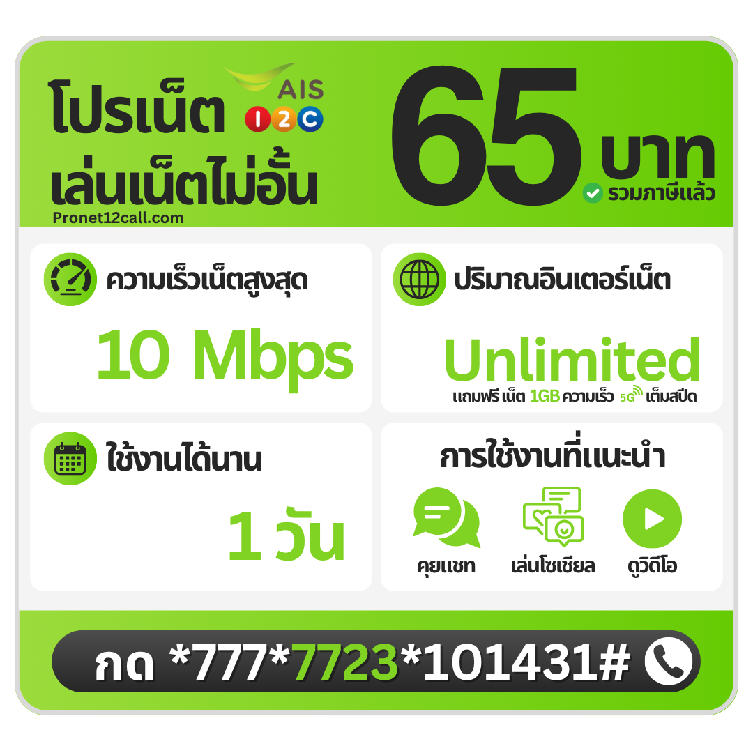 โปรเน็ต AIS รายวัน 65 บาท ไม่ลดสปีด 10 Mbps สมัครเน็ต AIS 65 บาท 1 วัน