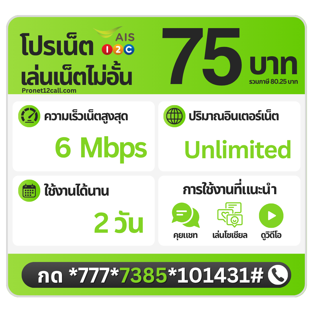 โปรเน็ต AIS 2 วัน 75 บาท ไม่ลดสปีด 6 Mbps สมัครเน็ต AIS 75 บาท 2 วัน